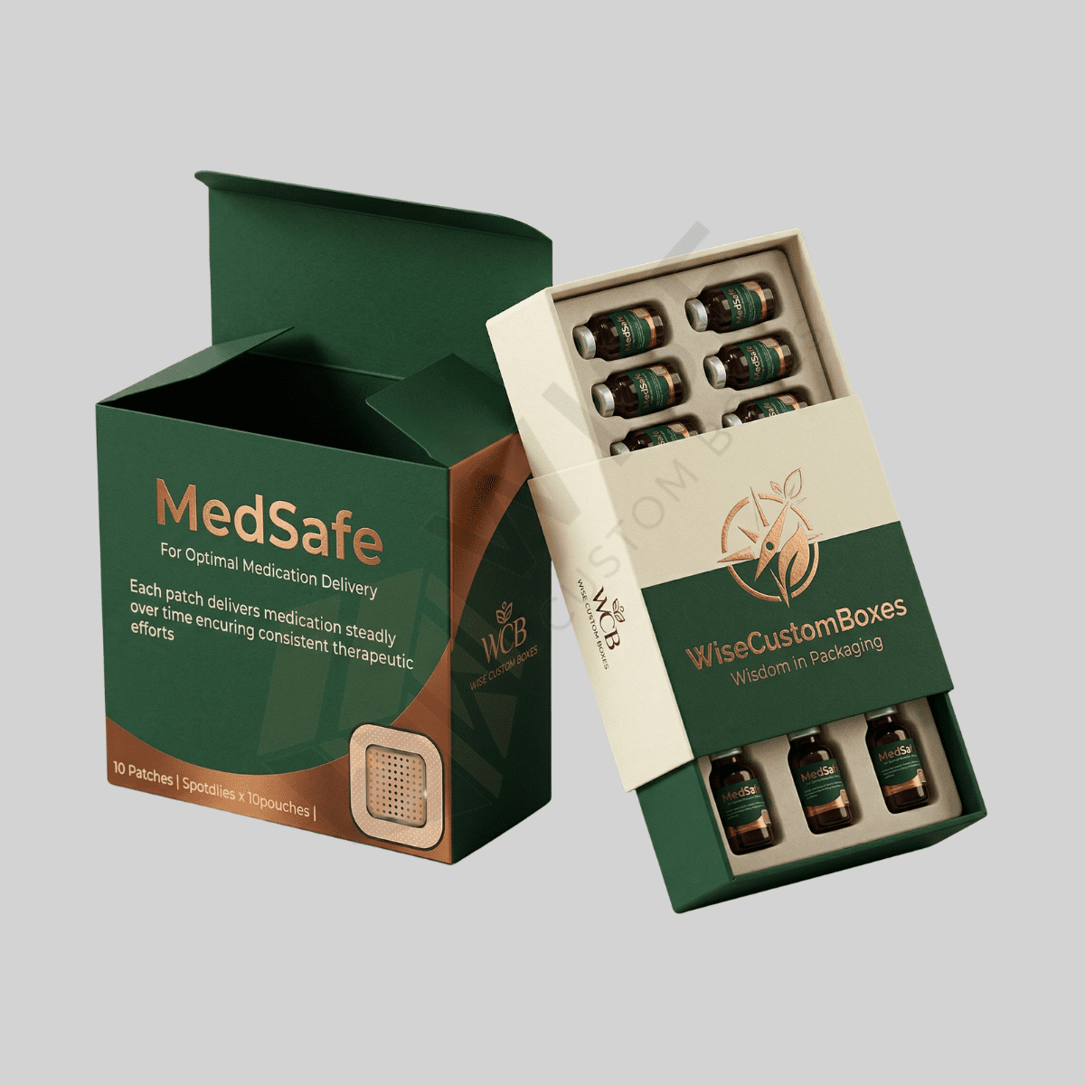 Custom Pharmaceutical Patch Box designed for secure medical packaging with durable materials and hygienic branded presentation.