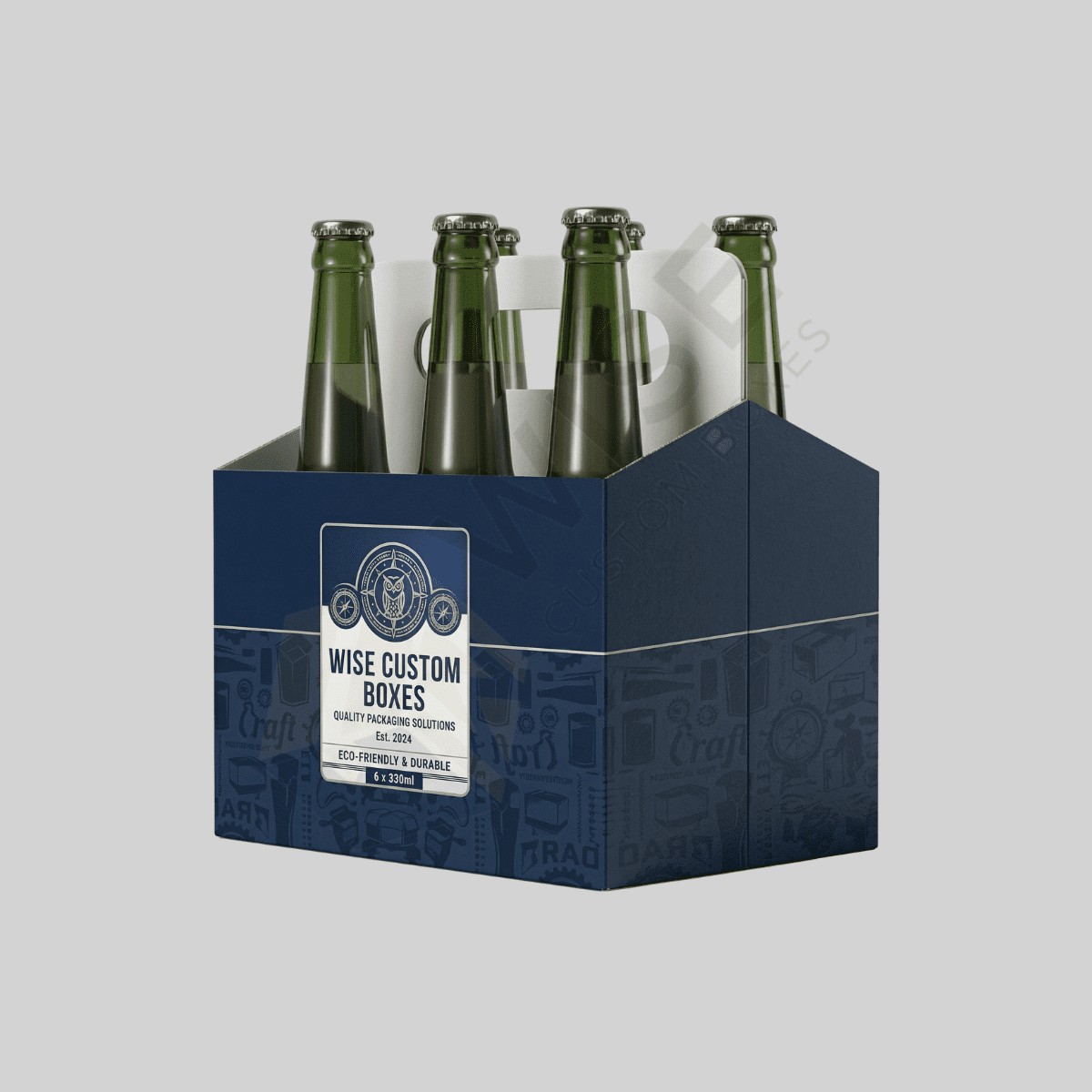 Custom 6 pack bottle carrier for secure beverage packaging and retail display