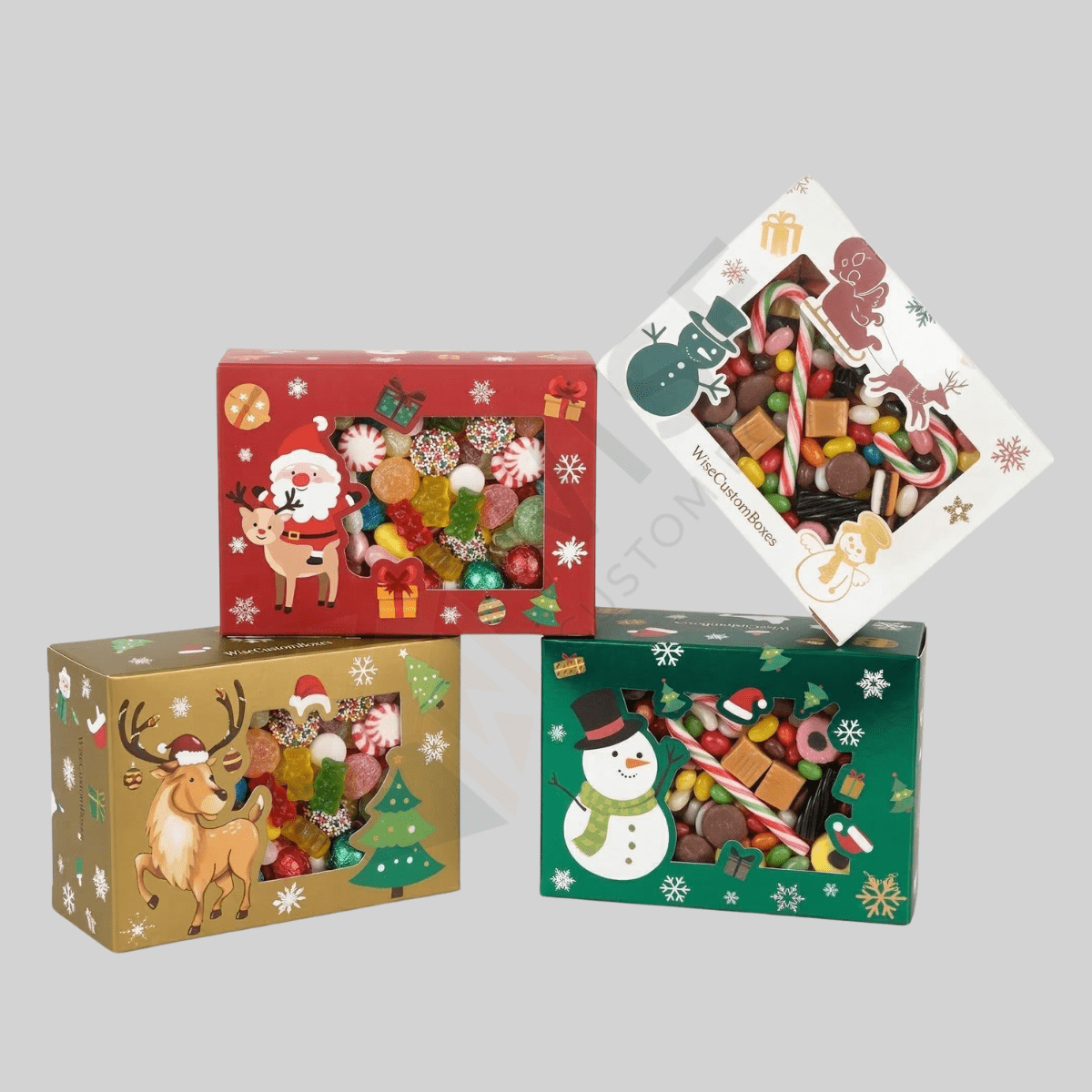 Festive custom Christmas candy boxes designed for holiday treats and premium gift packaging