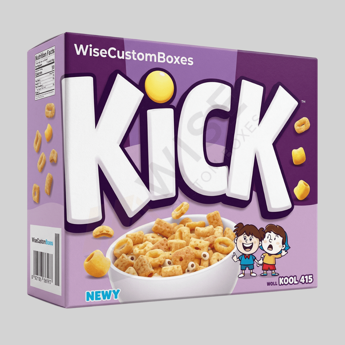 Vibrant custom colorful cereal boxes designed for fresh food packaging and eye-catching retail display