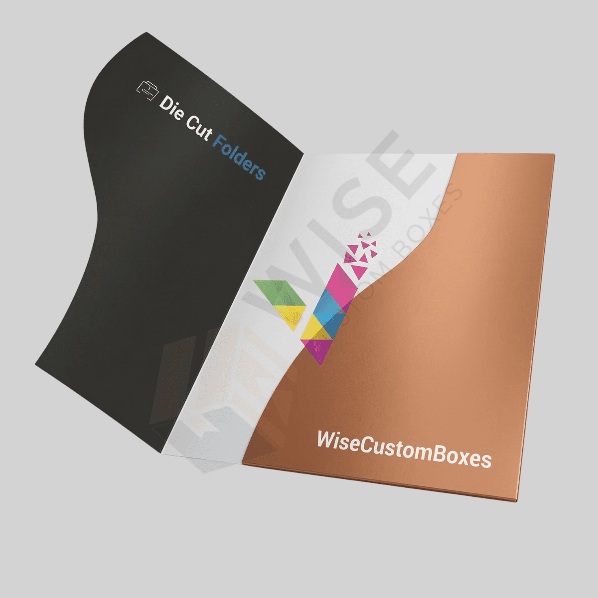 Custom die cut folders with unique shapes and premium printing for professional branding