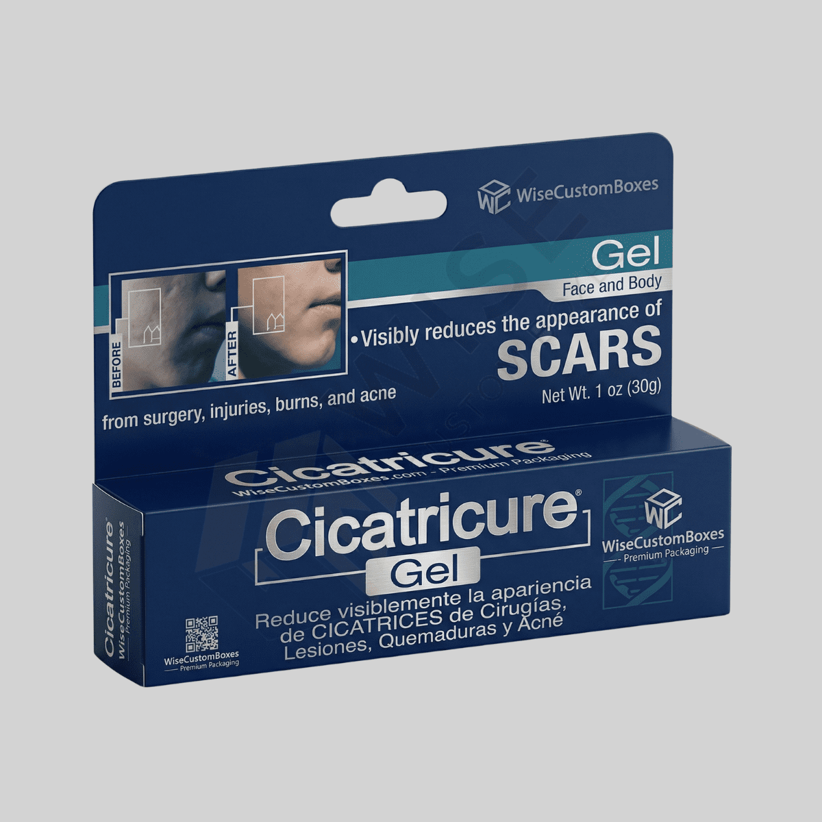 Custom Scar Gel Box designed for skincare packaging with secure materials and premium branded presentation.