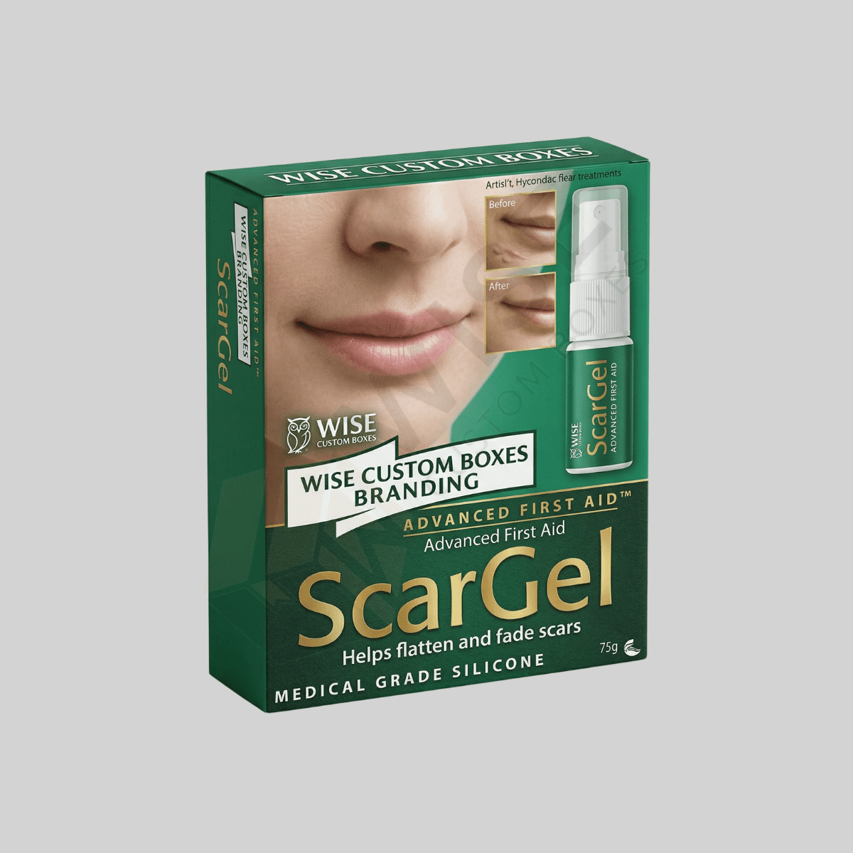 Custom Scar Gel Box designed for skincare packaging with secure materials and premium branded presentation.