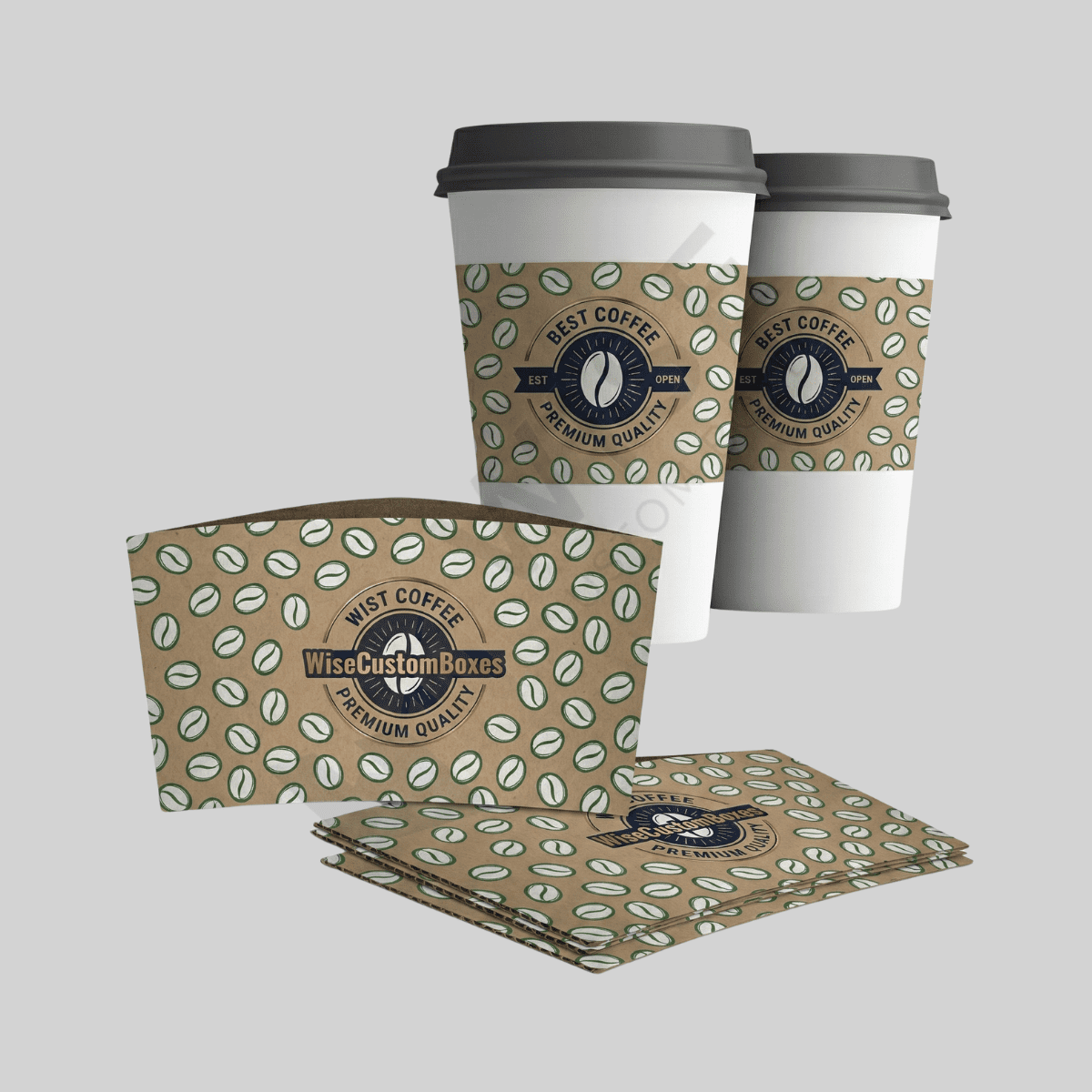 Custom cup sleeves designed for heat protection, comfortable grip, and branded beverage packaging.