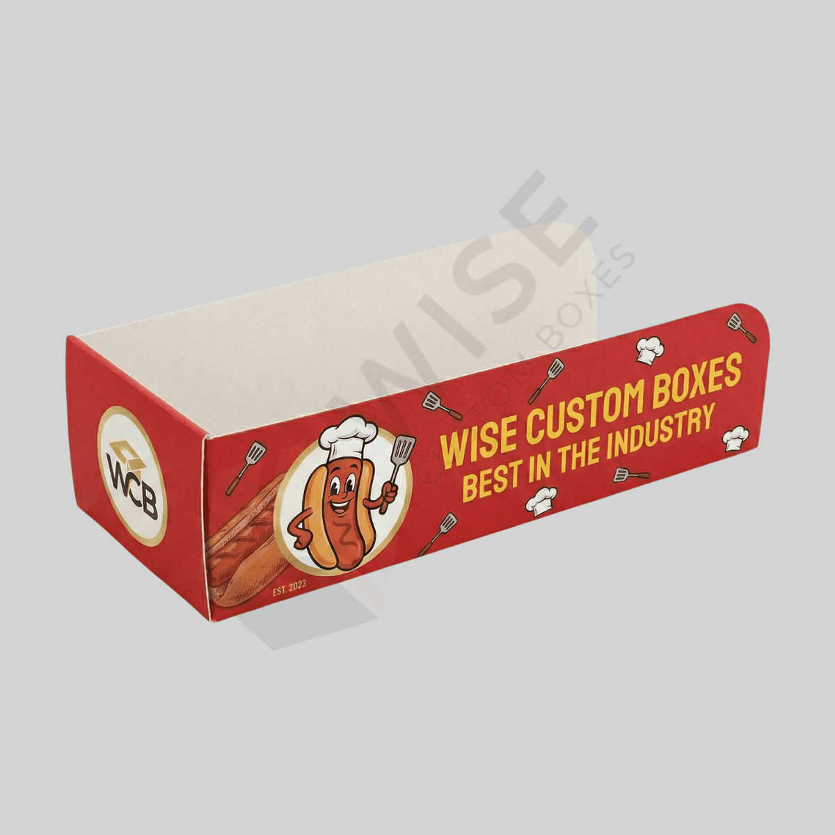Custom hot dog sleeves designed for secure food packaging, easy handling, and effective brand presentation.