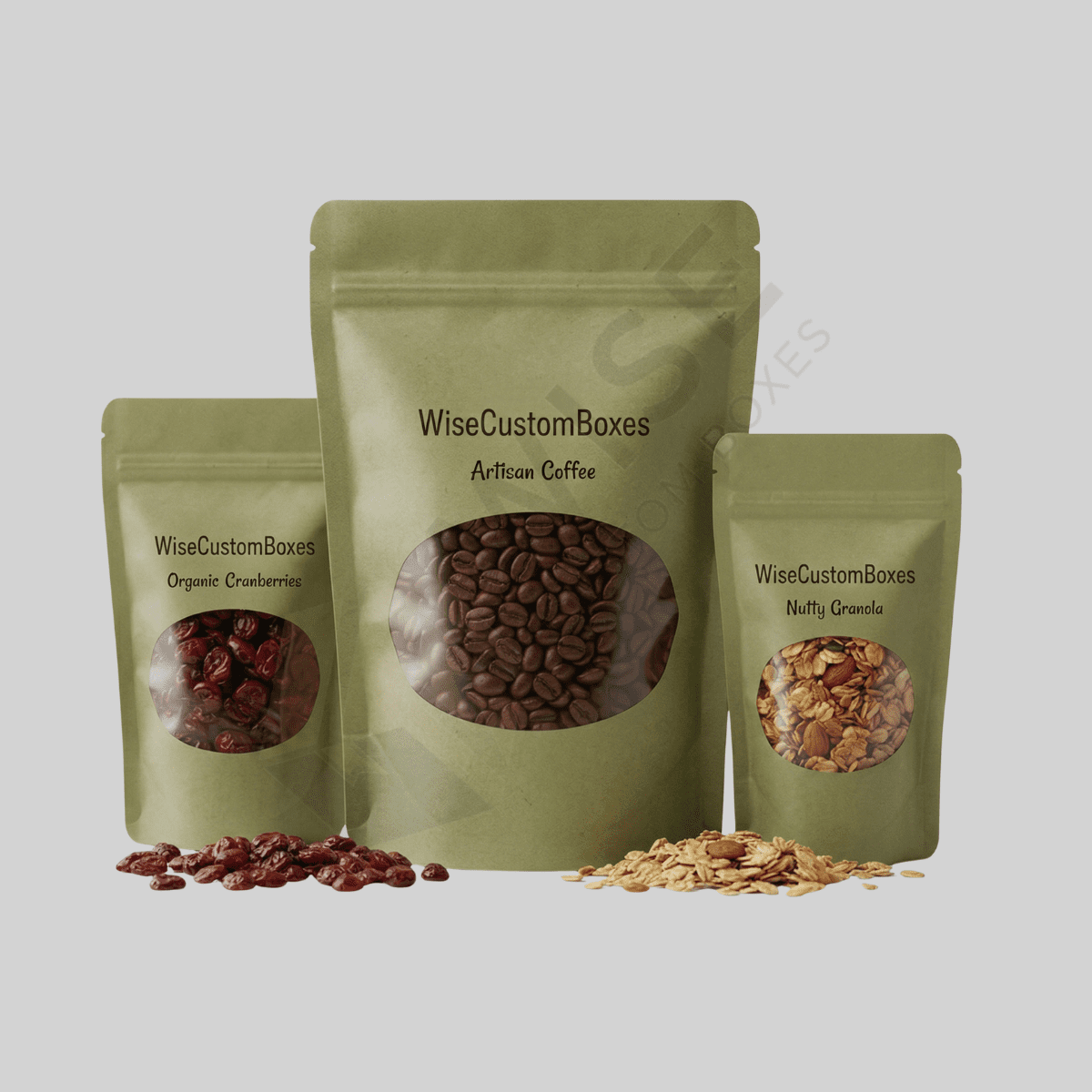 Custom kraft stand up pouches designed for secure packaging, product freshness, and eco-friendly brand presentation.