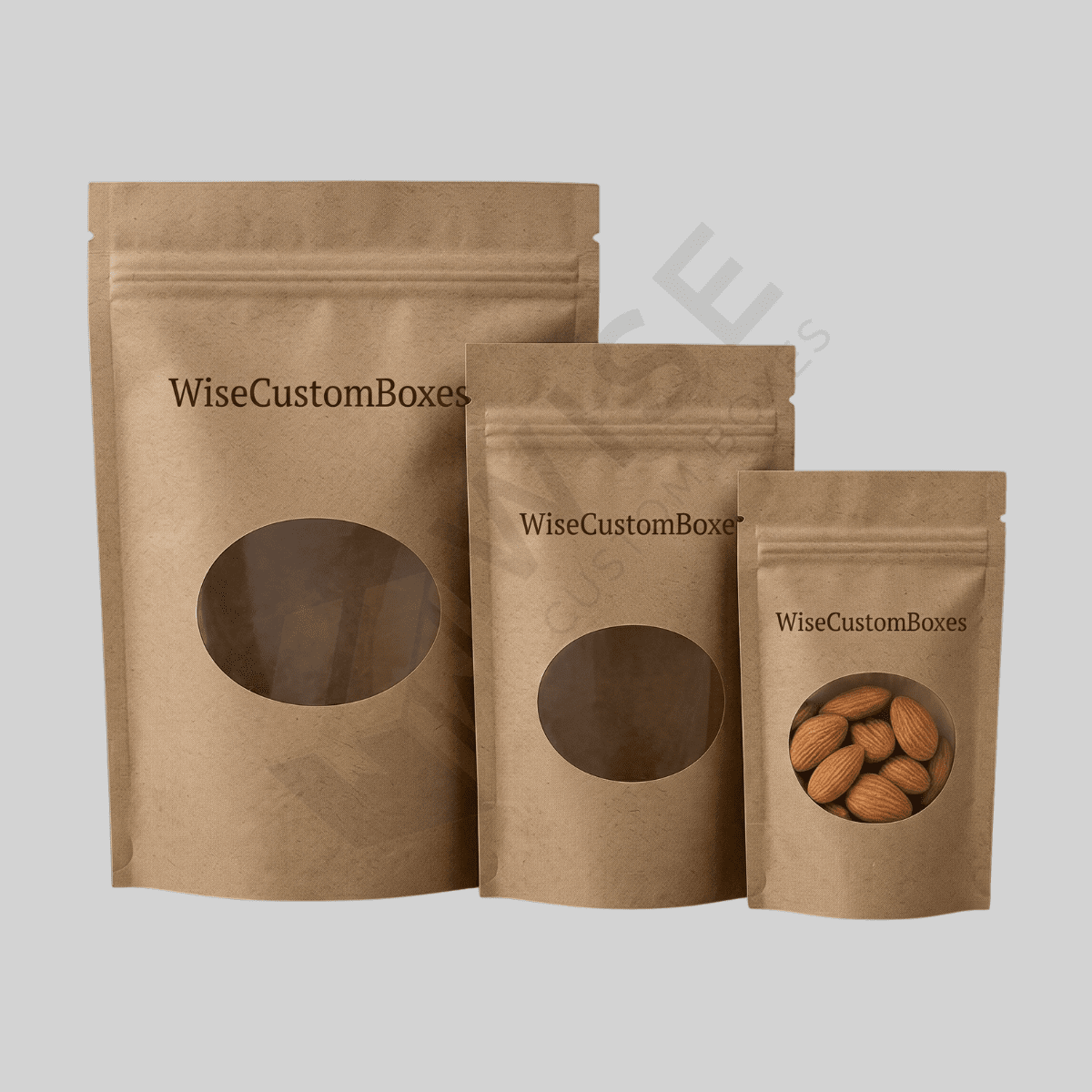Custom kraft stand up pouches designed for secure packaging, product freshness, and eco-friendly brand presentation.