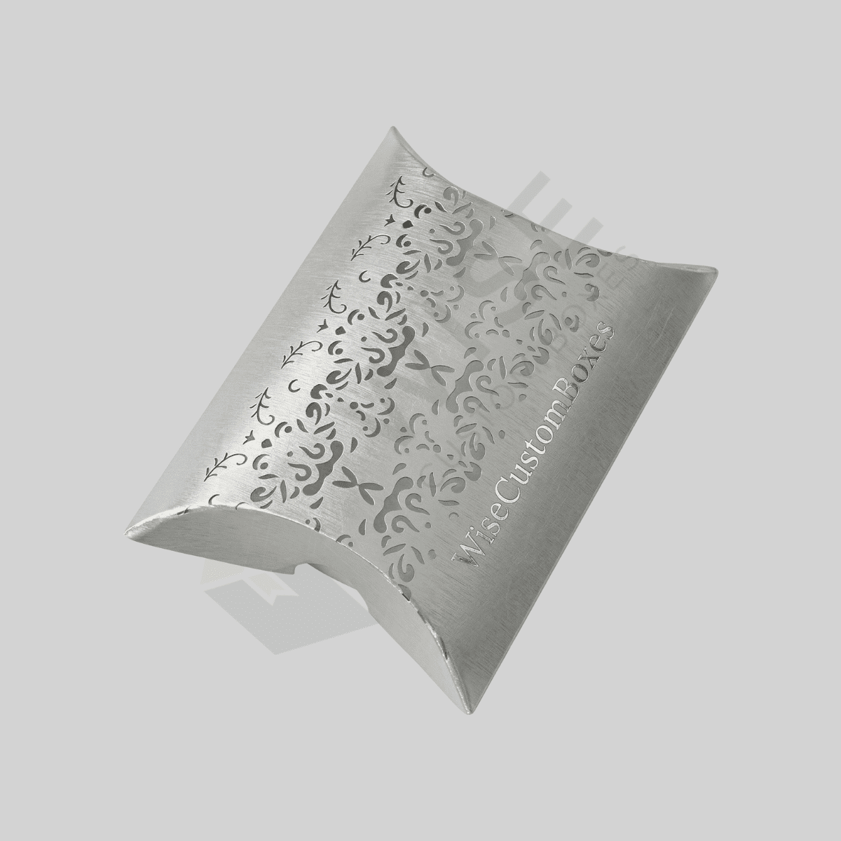 Premium custom silver pillow boxes designed for elegant packaging, product protection, and luxury brand presentation.