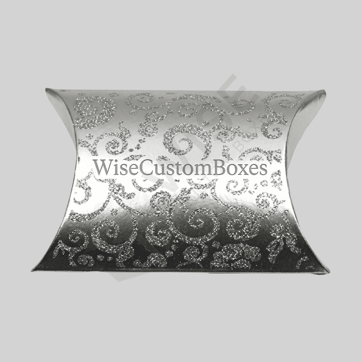 Premium custom silver pillow boxes designed for elegant packaging, product protection, and luxury brand presentation.