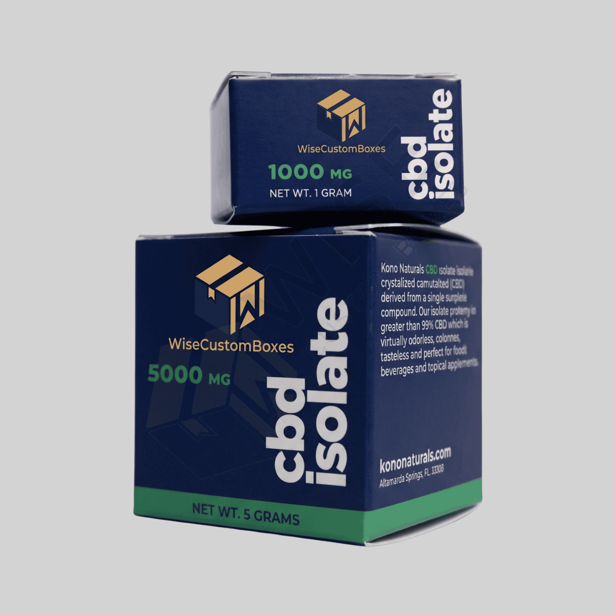 Custom CBD isolate boxes with branded printing and fitted inserts for product containers