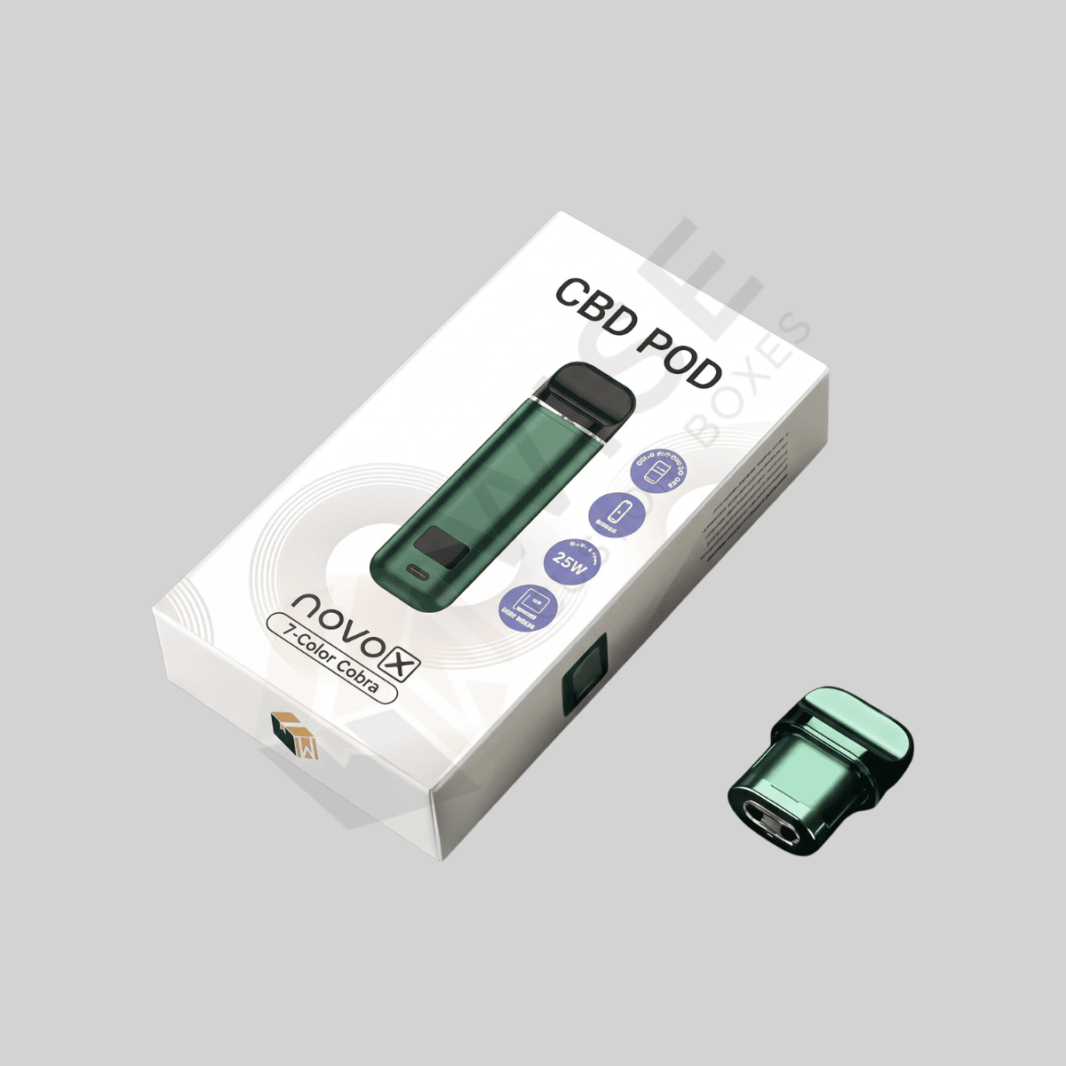 Custom CBD pod boxes with branded printing and fitted packaging for pod products
