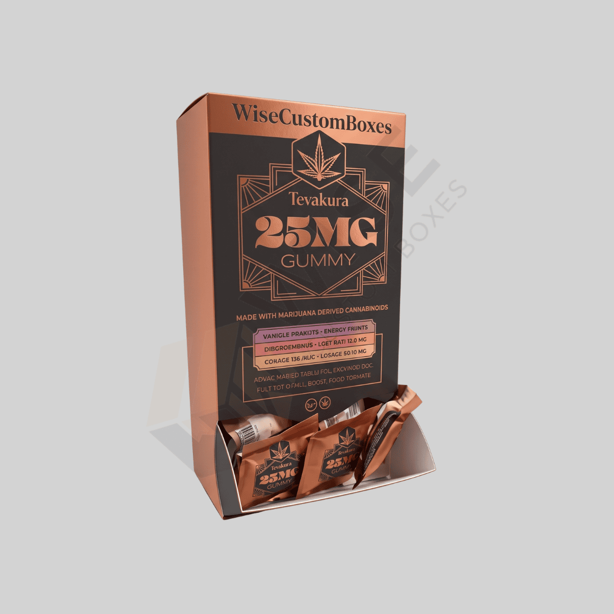 Custom Delta-9 cannabis packaging boxes with branded artwork and space for required product labels