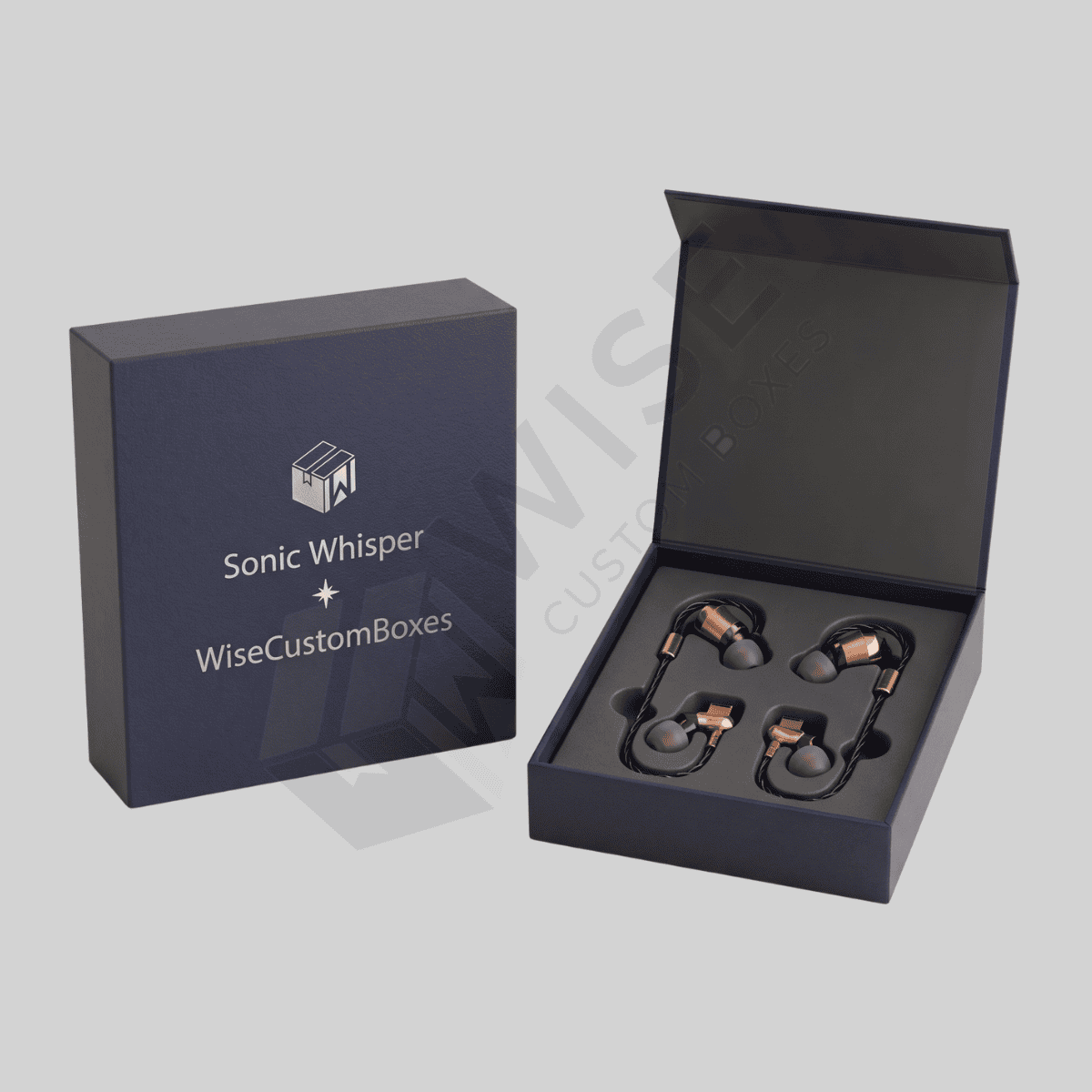 Custom earphone packaging boxes with branded printing and inserts for earphones and accessories