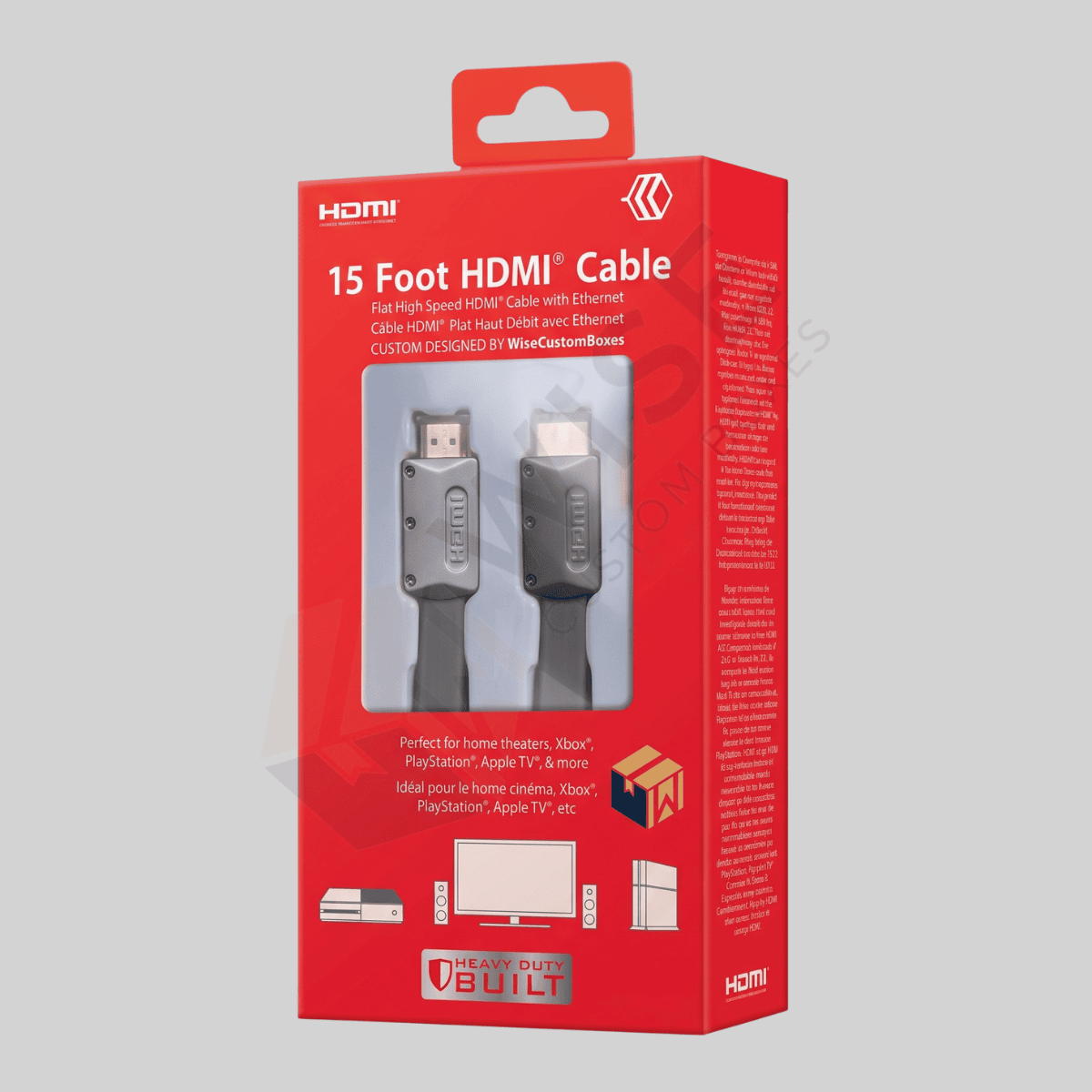 Custom HDMI cable boxes with branded printing and neatly arranged cable packaging