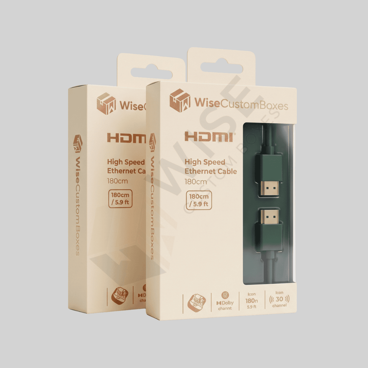 Custom HDMI cable boxes with branded printing and neatly arranged cable packaging