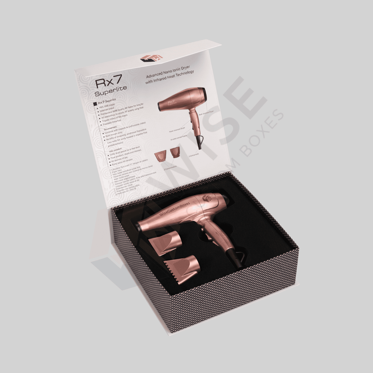 Custom hair dryer packaging boxes with branded graphics and organized accessory inserts