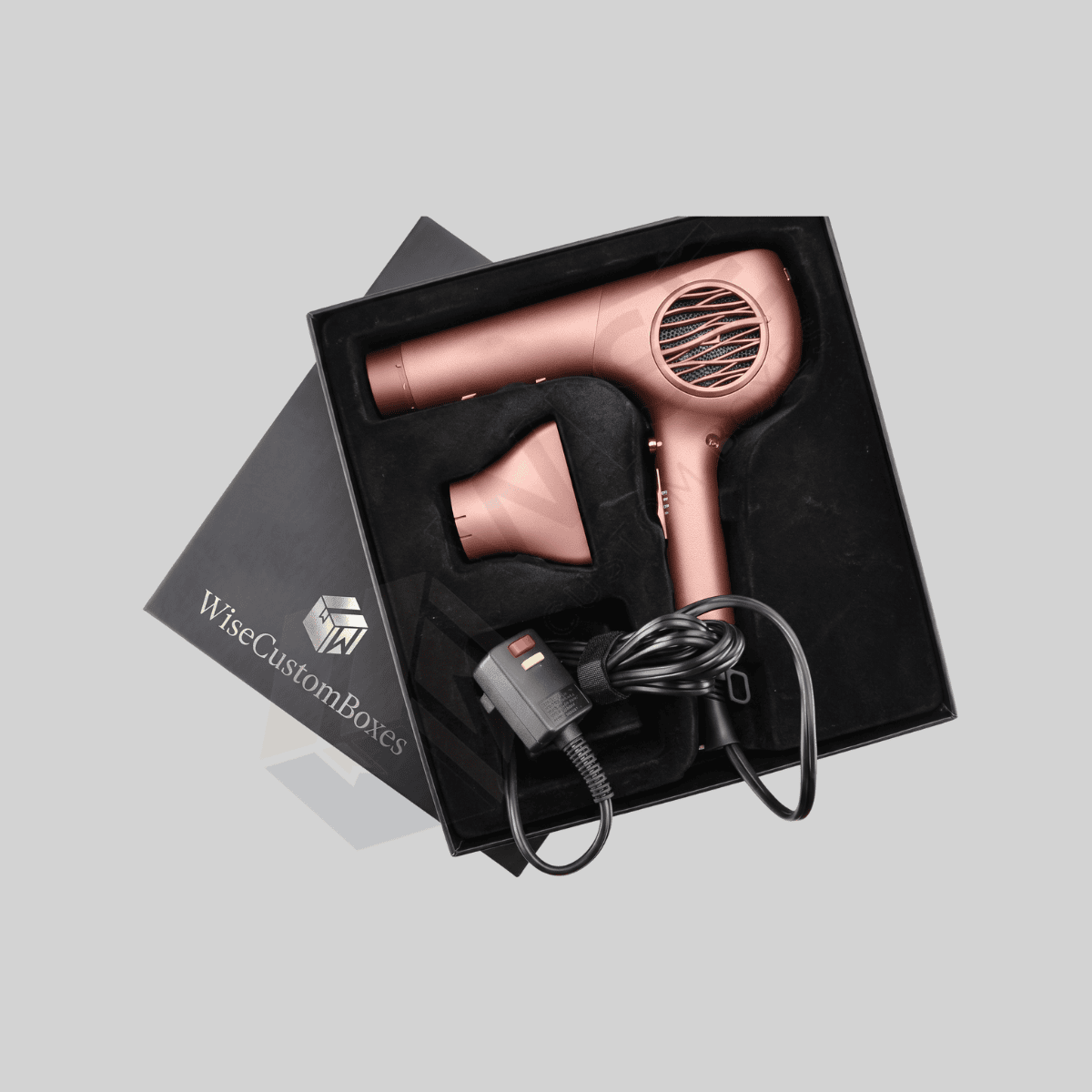 Custom hair dryer packaging boxes with branded graphics and organized accessory inserts