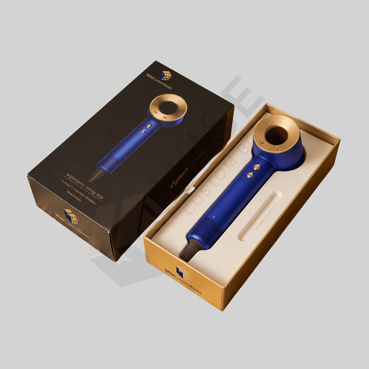 Custom hair dryer packaging boxes with branded graphics and organized accessory inserts