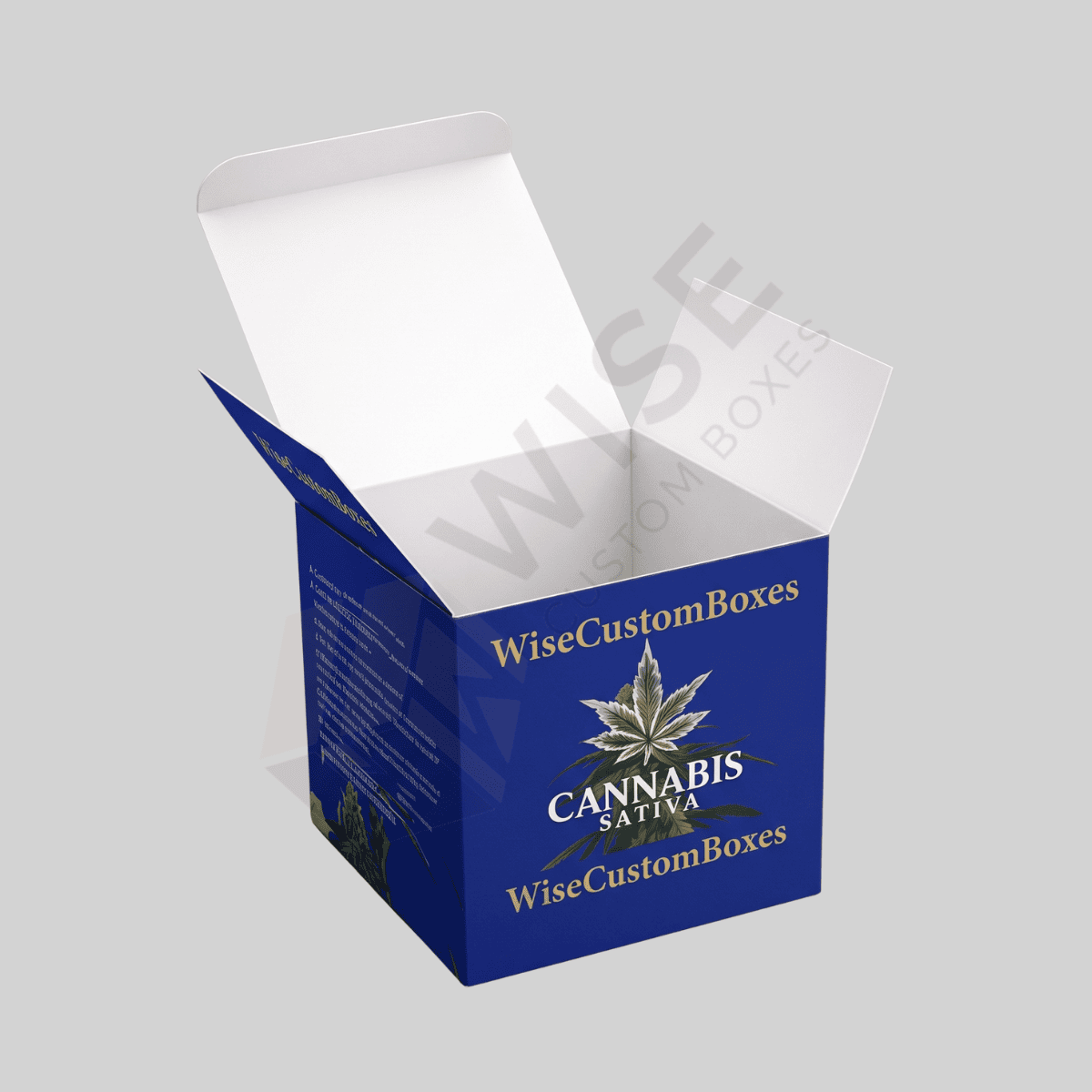 Custom marijuana boxes with branded graphics and space for required cannabis product labels