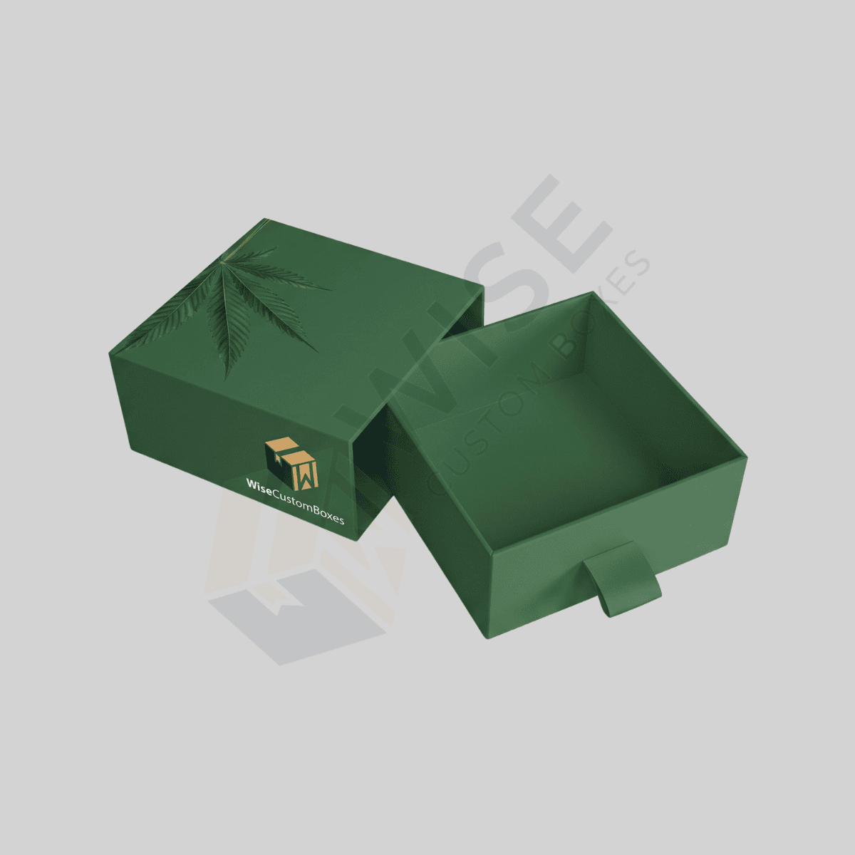 Custom marijuana boxes with branded graphics and space for required cannabis product labels