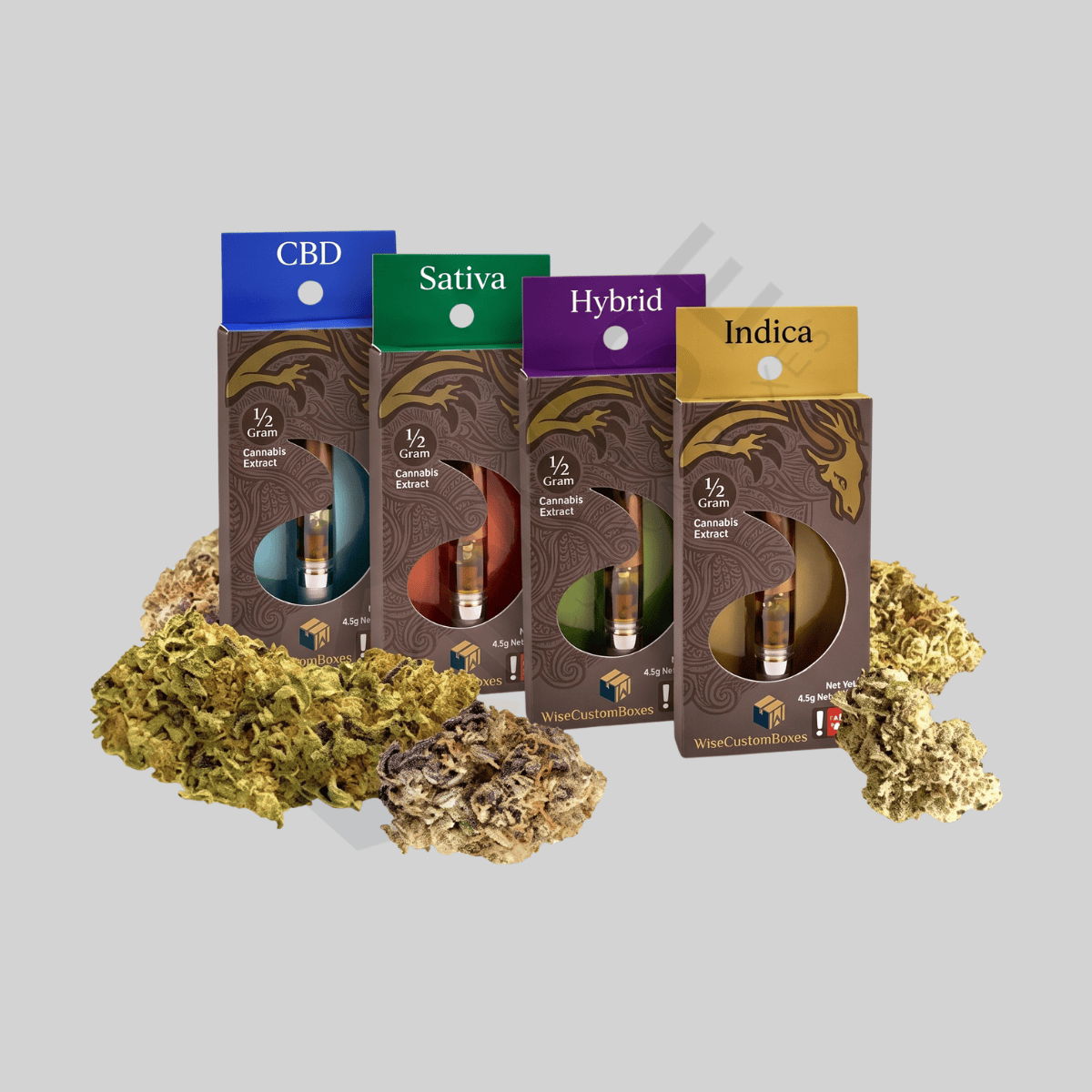 Custom marijuana boxes with branded graphics and space for required cannabis product labels