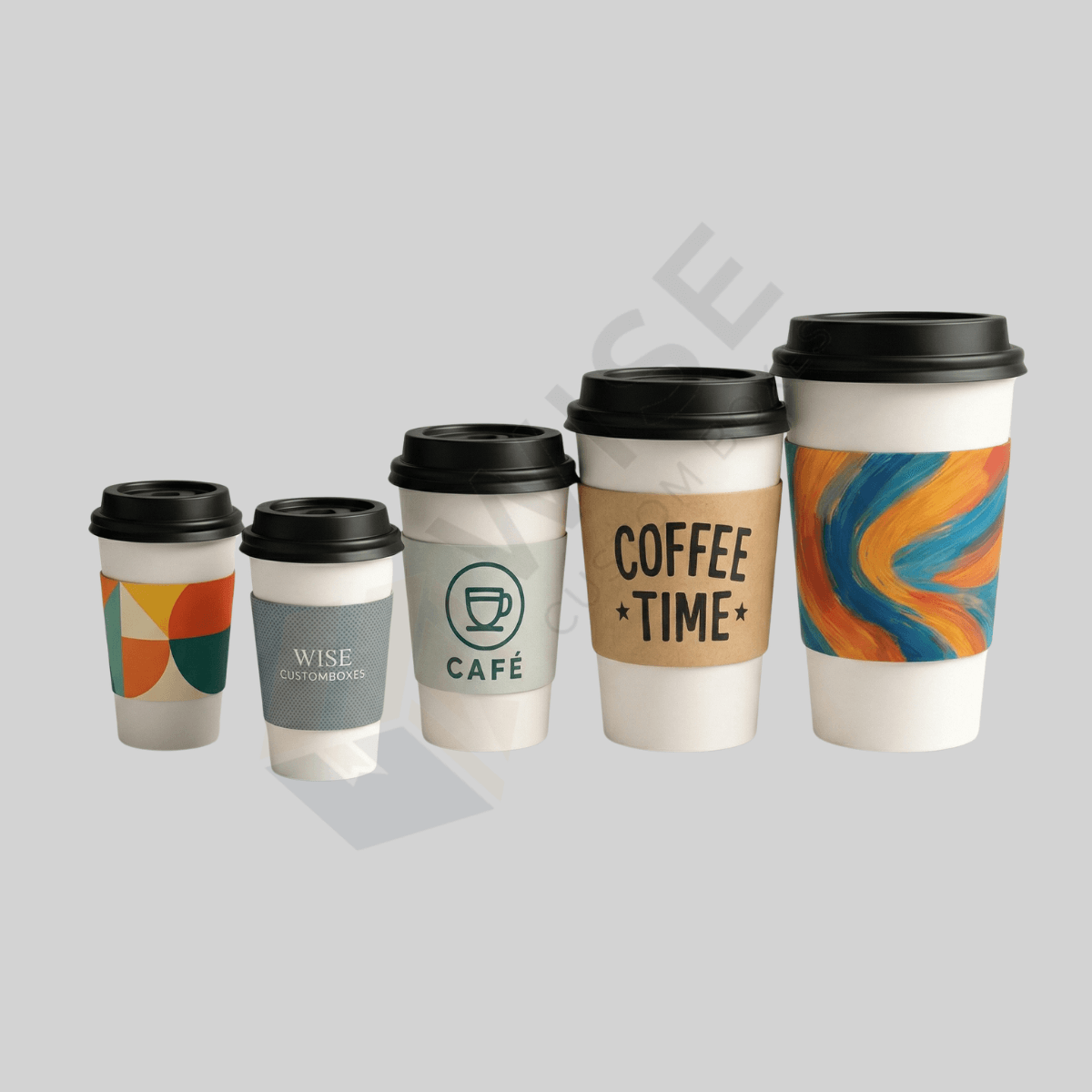 Custom cup sleeves designed for heat protection, comfortable grip, and branded beverage packaging.