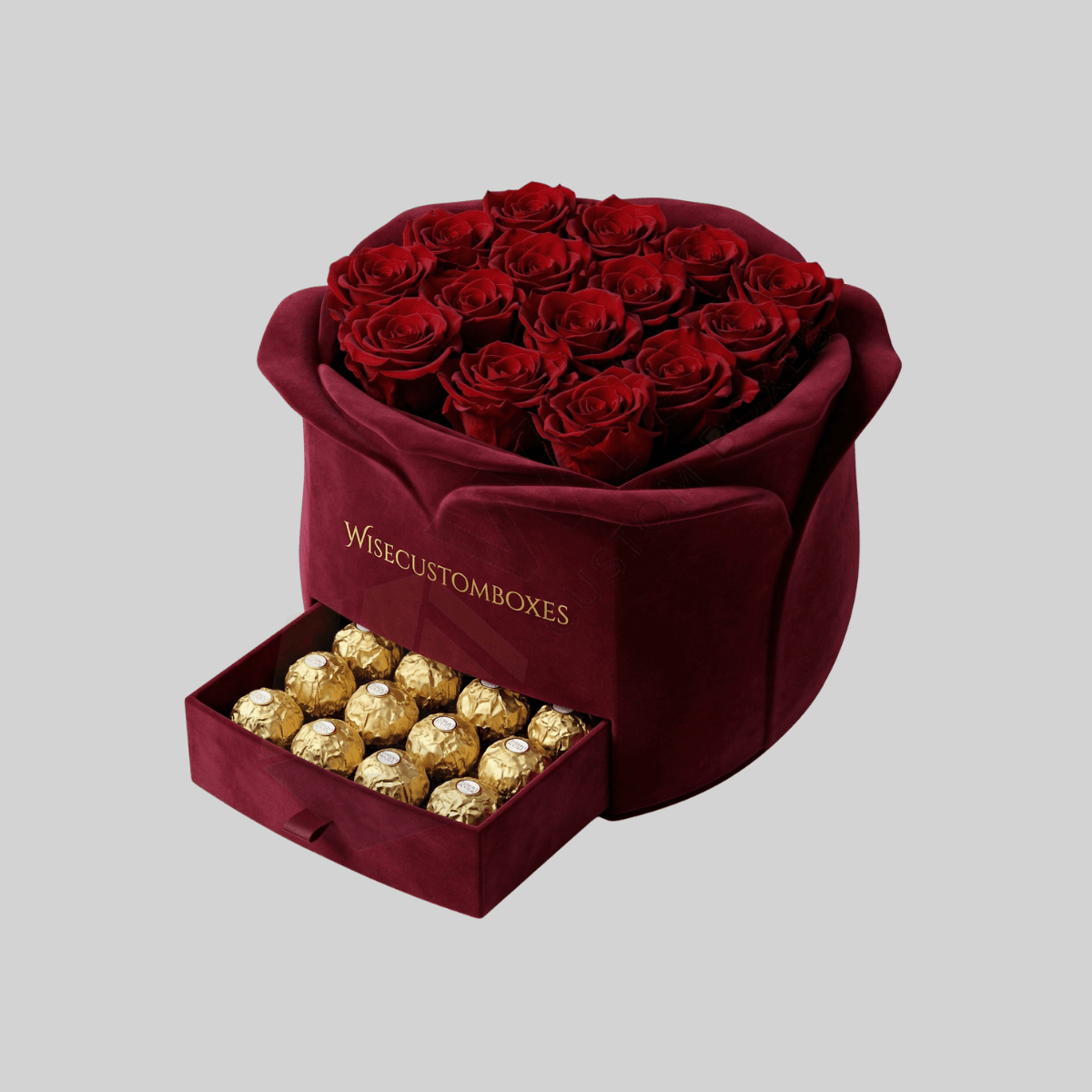 Custom flower shaped box designed for luxury gift packaging, elegant presentation, and premium branding.